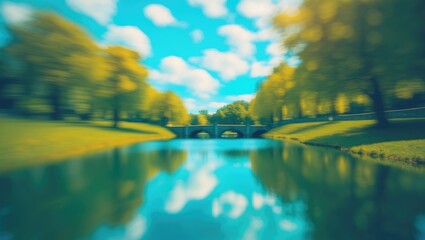 Serene Lake Scene with City Skyline Backdrop and Blue Sky on a Sunny Summer Day in an Urban Park