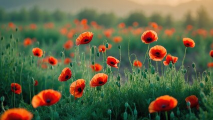 Obraz premium Beautiful Wildflower Meadow Featuring Red Poppies and Lush Nature