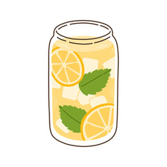 A refreshing yellow drink in a glass jar. It has ice cubes, lemon slices, and green mint leaves. Vector illustration blended smoothie for logo, ads, promotion, marketing, banner.