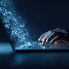 Hands typing on a laptop, data streams