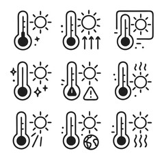 Thermometer icons showing heat and sun correlation. Perfect for weatherrelated designs, educational materials, science projects, and meteorology presentations.