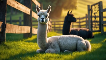 Fototapeta premium Black and white llama relaxing on a sunny day in a wooden enclosure