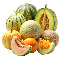 Galia cantaloupe honeydew and canary melon varieties on transparent background