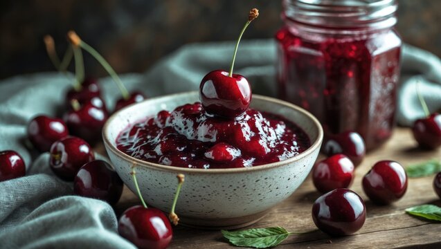 Homemade yellow cherry jam in a vintage glass jar surrounded by leaves and fruit, top view of a tasty meal with a spoon in a garden scene