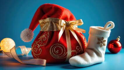 Festive greeting poster template for Christmas and New Year, featuring Santa Claus's red bag, cap, and white felt boots on a blue-gray background with room for holiday wishes.