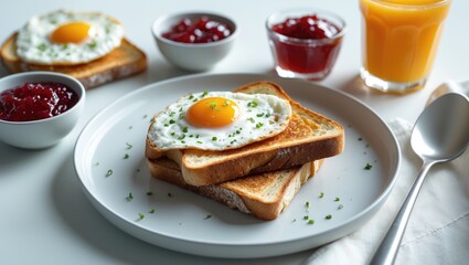 Slice of bread topped with berry jam and butter, accompanied by orange juice on a white plate at the breakfast table