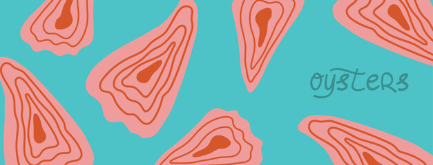 Pink oyster on blue background. Hand-drawn seafood banner for kitchen decor, packaging, menus, or textile prints. Fun and modern food illustration. Vector illustration
