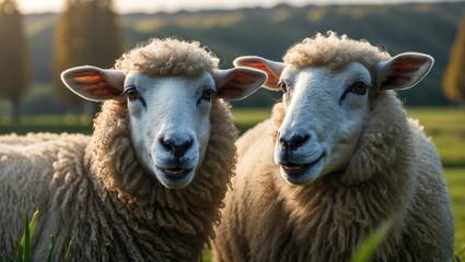 Fototapeta premium Happy sheep grazing in vineyard