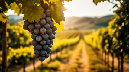 Ripe red grapes hanging in vineyard at sunset