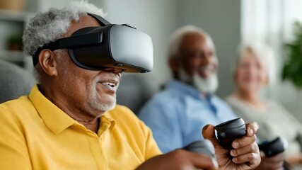 Joyful senior man wearing a virtual reality headset and controllers, experiencing immersive technology with friends. - Powered by Adobe