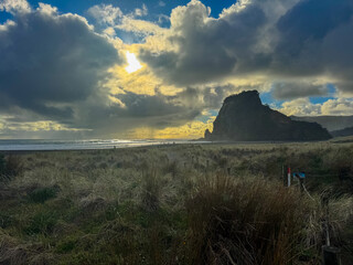 Beautiful lagoon and ocean beach in Piha, Auckland, New Zealand, before sunset.