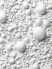 Close-up of a group of small, round, white spheres scattered on a white surface. the spheres are of different sizes and shapes, with some being larger and others smaller.