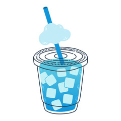 A blue cold drink with lots of ice cubes in a clear cup with cloud. Fresh drink design with cute doodle decoration. Vector illustration blended smoothie for logo, ads, promotion, marketing, banner.