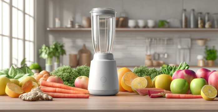 Modern blender on kitchen table, surrounded by fresh produce - Powered by Adobe