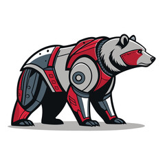 A cybernetic grizzly bear, clad in gleaming steel armor, wielding a futuristic digging claw, amidst a digital landscape.