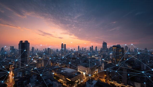 Cityscape at dusk, connected by network lines