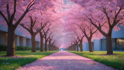 A paved walkway adorned with blooming cherry blossom trees in full bloom, with pink petals covering the ground, representing spring renewal and beauty in Osaka, Japan, celebrating hanami tradition.