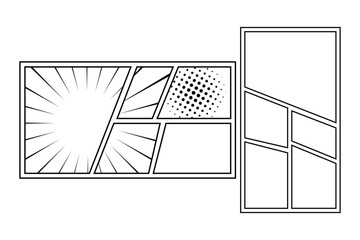 Manga comics layout set panel template with frame for page design, includes action effect