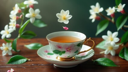 Traditional jasmine tea served in a porcelain cup on dark wood