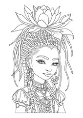 Portrait of a beautiful girl with dreadlocks decorated with a lotus flower. Coloring page. Illustration for coloring.