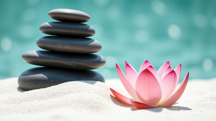 Serene stacked stones and pink lotus flower