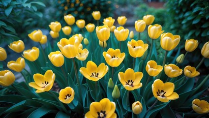 Fototapeta premium Vibrant yellow tulips in full bloom amidst a lush spring garden, celebrating seasonal renewal and natural beauty.