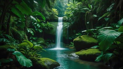 A tranquil Bali scene featuring a small waterfall flowing over mossy rocks amidst lush tropical leaves and vibrant foliage.