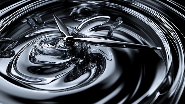 Abstract representation of time with distorted clock and fluid reflections