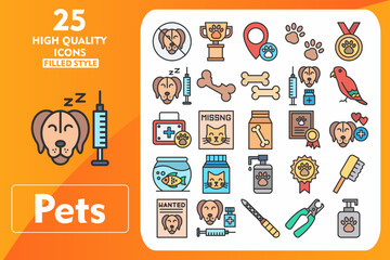 Pets Line Filled Icon Set. Incleded Icons No Pets, Trophy, Location, Pawprint, Medal, Anesthesia, Dog Biscuit, Treats, Medicine, Bird. Vector Icons Collection