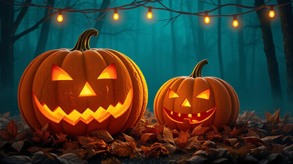 Spooky halloween jack o lanterns forest night