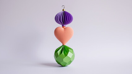 Stacked paper ornaments heart green purple