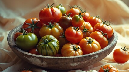 Vibrant collection of ripe heirloom tomatoes in red, orange, and striped varieties on a rustic wooden table