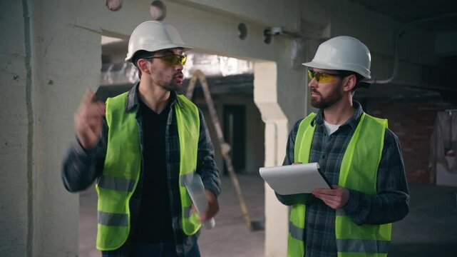 Two Caucasian men builders talk complaining deadline problem in construction guys irritated foremen inspectors annoyed contractors discussing time late building project trouble industrial work crisis