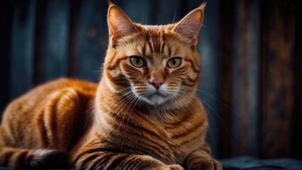 Isolated ginger cat with vivid expression and detailed fur, captured in dramatic lighting on a dark background.
