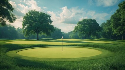 Naklejka premium Serene golf green and fairway landscape under sunny sky
