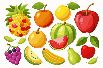 set of fruits and berries on white background