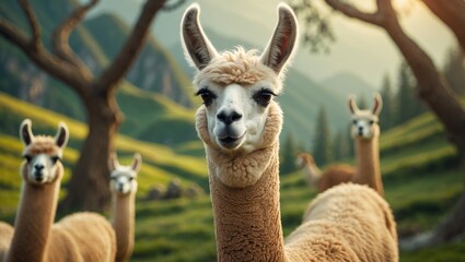 Fototapeta premium Portrait of a charming alpaca and llama headshot in natural setting