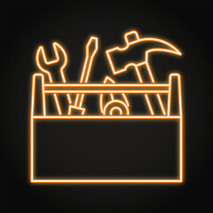 Toolbox with repair tools neon icon
