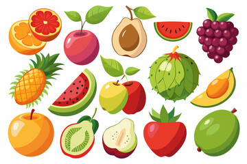 set of fruits and berries on white background