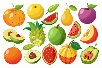set of fruits and berries on white background