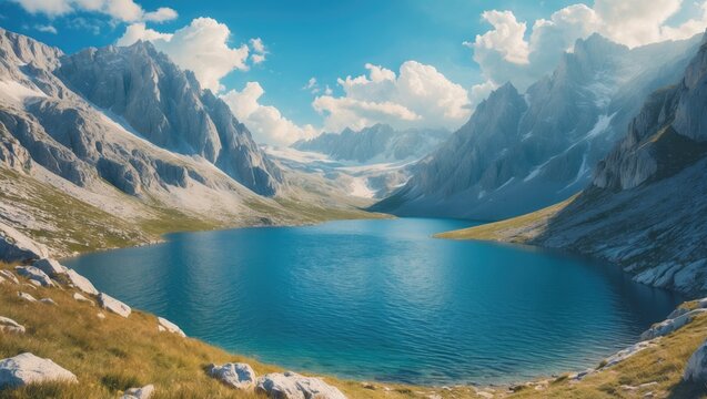 Scenic mountain lake view with lush green landscape and clouds