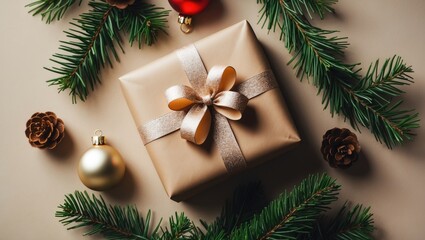 Eco-friendly Christmas gift and holiday scene featuring natural pine cones on beige background, close-up with space for greeting card, DIY zero waste festive decor.