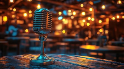 Vintage Microphone in Cozy Bar with Warm Lighting