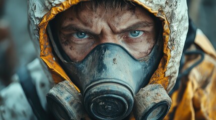 Fototapeta premium close up brutal man portrait in dirty white chemical protect suite, respirator on face 