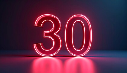 3D rendering of a metallic number 30 with curved red neon lines on a background. 