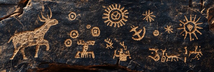 Rock art featuring animal figures sun symbols and other abstract shapes.