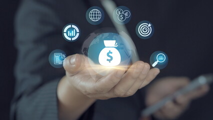 Businessman or trader showing icon of business and finance, Investment concept, invest money,...