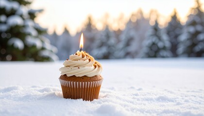 Festive cupcake with a lit candle in a snowy winter wonderland. Perfect for holiday celebrations.