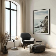 Cozy corner with coastal art print