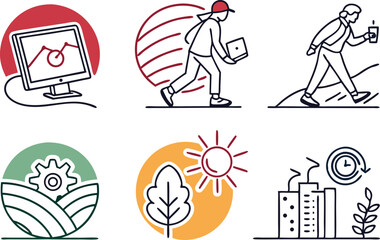 Minimal Line Art Icons in Colorful Illustration Set. Clean Line Art Style Icons for Modern Design. Colorful Minimal Icons in Line Drawing Style. Abstract Line Art Icons Collection for Creatives